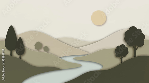 Tranquil layered landscape illustration capturing a harmonious natural scene with gentle hills, a flowing river, and a warm sun, evoking peaceful serenity