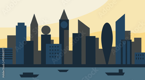 Insightful flat vector illustration of a modern cityscape at sunset, with diverse architectural silhouettes and peaceful boats, capturing the vibrant pulse of urban life