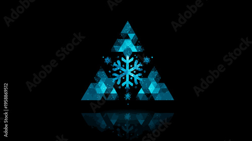 A geometric illustration of a snowflake shape, in shades of blue against a black background