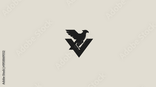 A stylized black silhouette depicts a bird perched atop a geometric V-shaped design on a neutral background