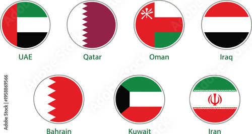 Middle East national flags vector set, 7 round country icons for UAE and Qatar, circular Middle Eastern flag buttons