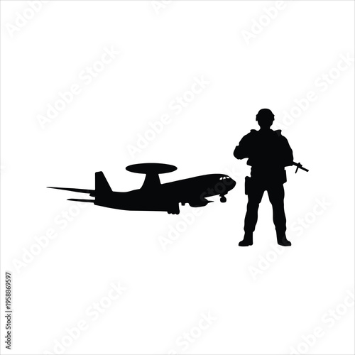 Military soldier and AWACS surveillance aircraft silhouette on white background.