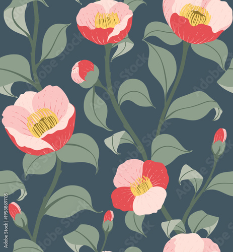 Seamless Camellia Floral Pattern Vector, Pink Red Flowers on Dark Blue Background