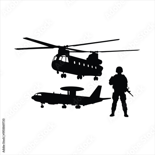 Military soldier and AWACS surveillance aircraft silhouette on white background.