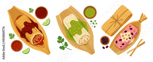 Traditional Mexican tamale set vector with red and green salsa, beans, and lime top view illustration.