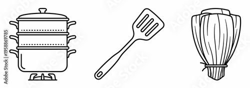 Tamale cooking equipment line art vector featuring steamer pot on stove, spatula, and corn husks.