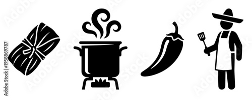 Tamale cooking silhouette vector set with mexican chef, steamer pot on stove, chili and wrap.
