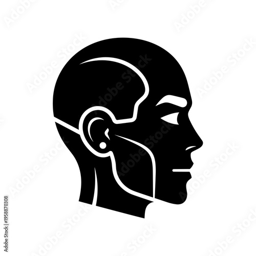 Black silhouette of human head side.