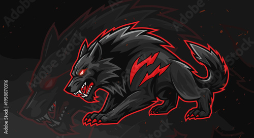 Black wolf with red neon outline.