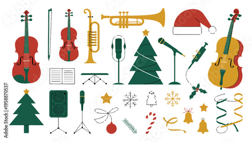 Collection of christmas and winter music icons featuring violins, trumpets, microphones, and festive holiday elements