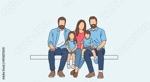 Family sitting on a bench together.