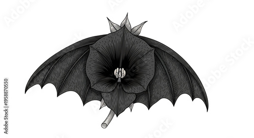 A black bat wing flower vector graphic illustration with a spiky stem and white background