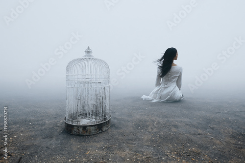 Foggy open ground with woman in white dress sitting beside empty metal birdcage