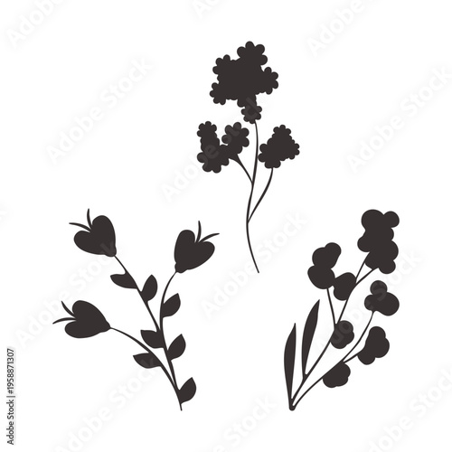 Three distinct abstract floral silhouettes are presented in black on a clean white background.