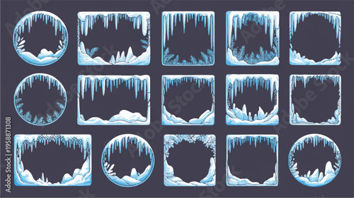 Set of blueish frosty borders and frames with icicles and frozen textures for winter designs with ice border
