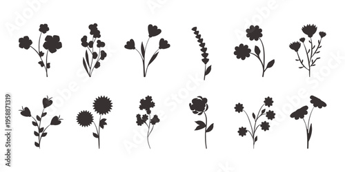 Various black floral silhouettes are arranged on a plain white background. This abstract set includes different flower shapes and stems.