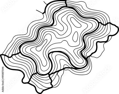 Topographic map, contour lines, black and white vector, geographic illustration, terrain design element