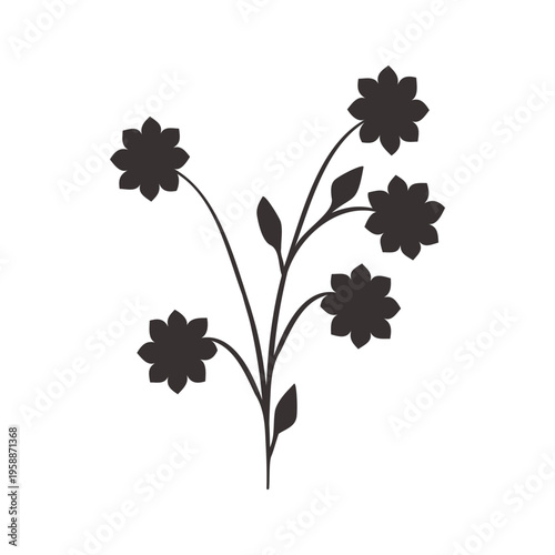 A graphic depicting an abstract floral branch with five dark, stylized flowers and several leaves. The design is presented as a clean silhouette on a plain background, perfect for decorative purposes.