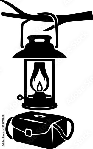 Vintage lantern, black silhouette, camping lamp, oil lamp icon