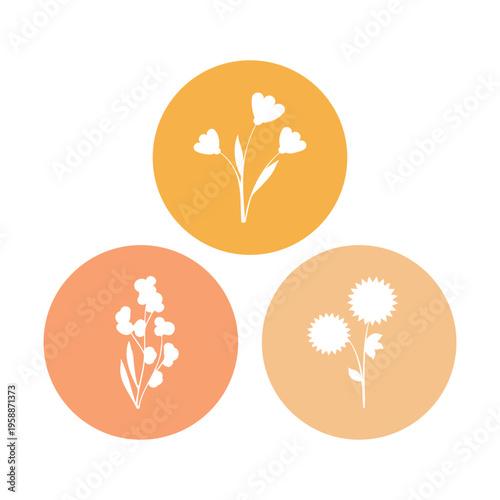 A set of three distinct white floral cutout designs are shown within orange-toned circles. The stylized flowers include bell-shaped, cluster, and spiky varieties, placed on a white surface.