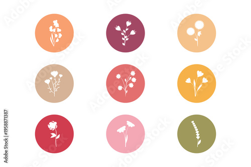 This collection features nine different simple flower shapes, each presented as a white cutout. They are placed against various pastel colored circular backgrounds in a clear grid layout.