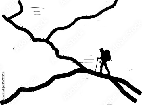 Hiker silhouette, adventure travel, trekking vector, black outline illustration
