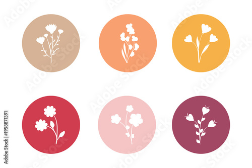 Six unique flower silhouettes in white are neatly placed inside six distinct colored circles. Each circular design features a different plant species, offering a charming visual set.