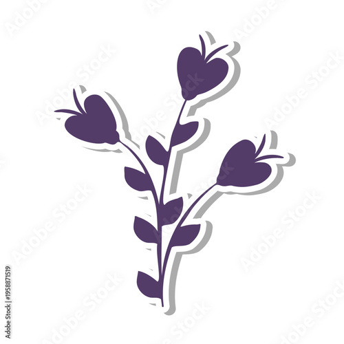 A single stylized purple flower sticker featuring a small plant with three bell-shaped blossoms and leaves on a white background.