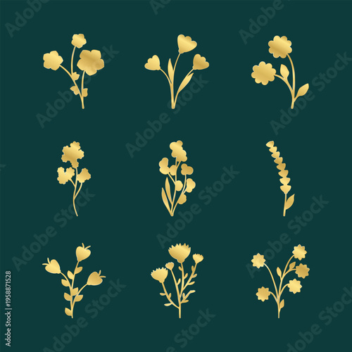 Nine elegant golden floral design elements are arranged on a deep teal background. Each stylized plant features delicate leaves and blossoms, perfect for decorative projects.