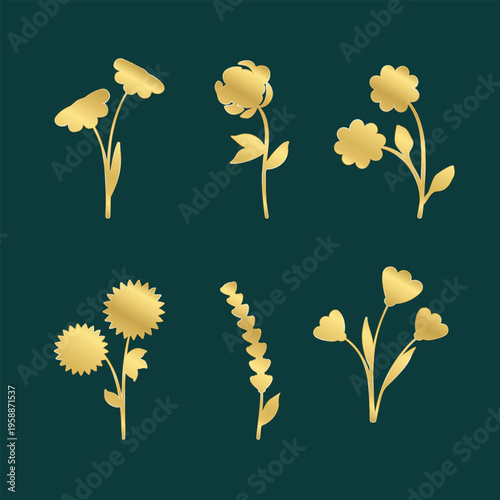Six distinct golden stylized floral elements are arranged on a deep teal background.