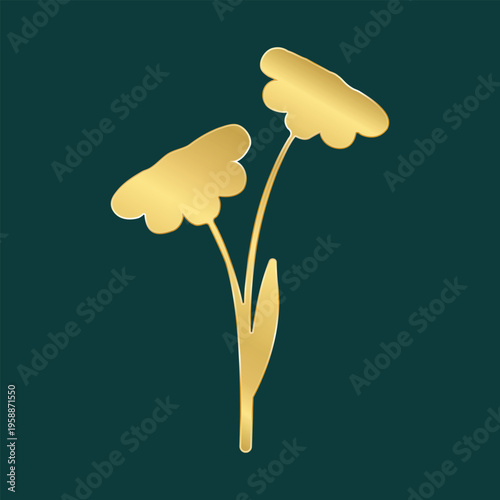 Elegant golden floral shapes with graceful stems and a single leaf stand out on a rich dark teal background. This minimalist art offers a clean and sophisticated botanical design.