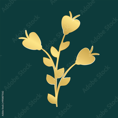A stylized golden plant with a main stem and three heart-shaped buds appears on a rich dark teal background. Several small golden leaves extend from the main stem.