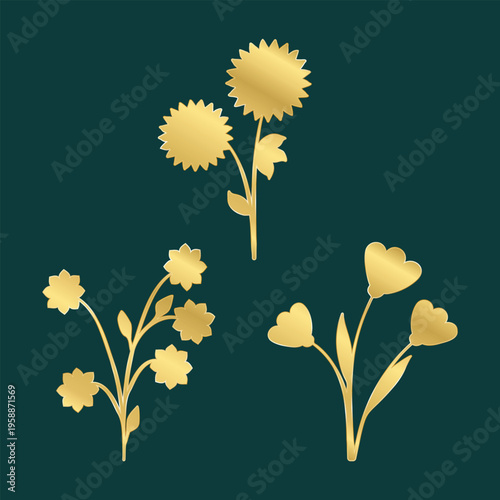 A trio of elegant golden floral designs stands out against a rich dark teal background. Each element showcases unique stylized flower shapes, creating a sophisticated decorative display.