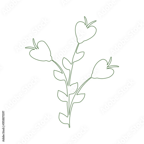 This minimalist line art illustration shows a small plant with three simple green flowers. Each flower has a heart shape with small petals at the top.