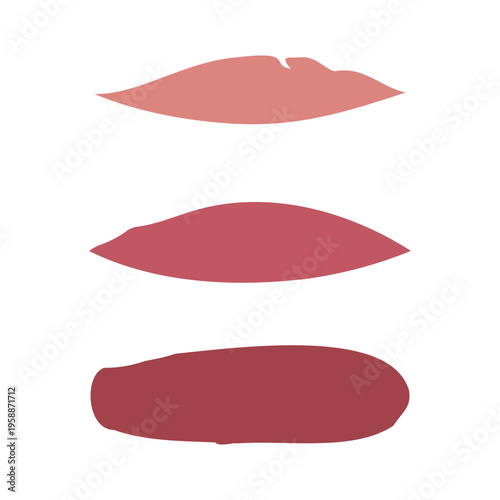 Three distinct lipstick swatches are neatly displayed on a bright white background. A trio of cosmetic colors, ranging from light pink to deep red, are presented for beauty product selection.