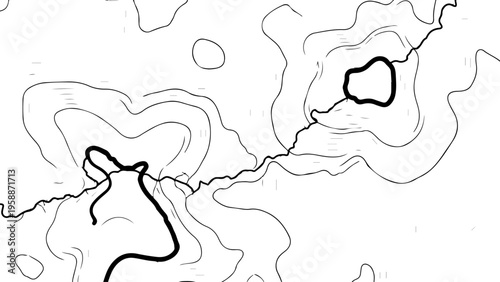 Topographic map contours, black line vector illustration, terrain elevation, geographic outline