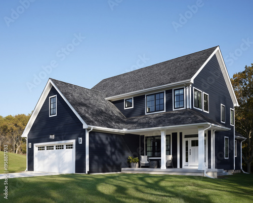 Blue siding modern house exterior with garage and front porch on landscaped lawn