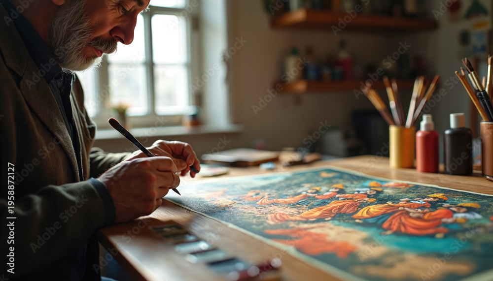 Fototapeta premium Elderly man with beard paints colorful scene on paper with brush and ink. Artist works at table in bright studio. Skilled hands create detailed visual art.