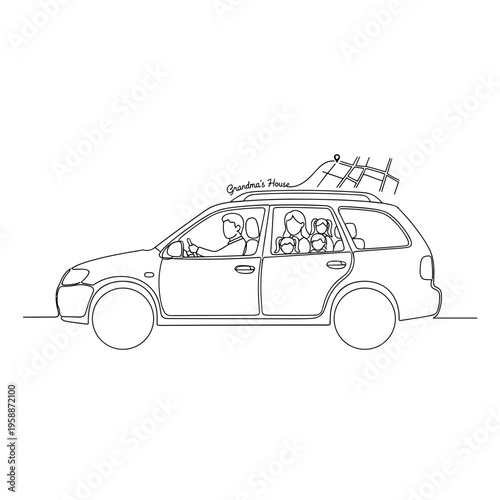 Family in a car with luggage.
