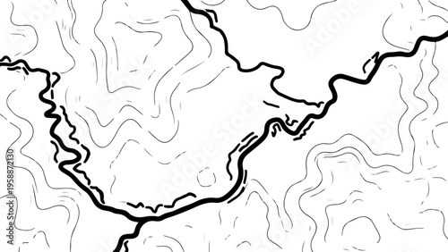 Topographic map, contour lines, black and white, vector illustration, geographic design, terrain background