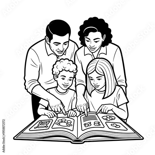 Family reading book together indoors.