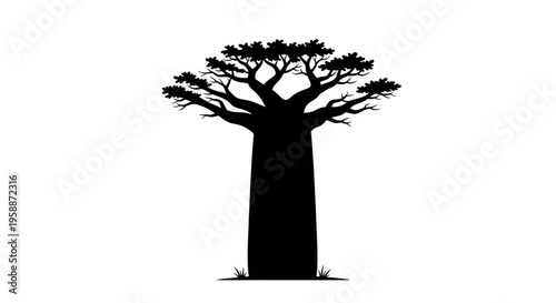A minimalist black silhouette of a tree with a thick trunk and sprawling branches on a white background, ideal for use as a vector graphic or icon in design projects.