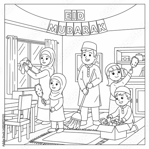 Muslim family cleaning together at home.