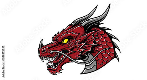 Red dragon head with sharp teeth.