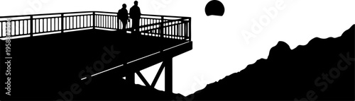 Silhouette, black, couple on bridge, railing, mountain landscape, vector illustration