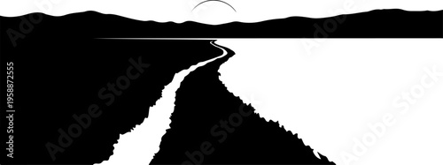 Black and white road landscape vector, countryside scenery, road silhouette, monochrome illustration