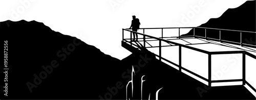 Black and white silhouette landscape, mountain scenery, person on bridge, minimalist illustration, vector graphic
