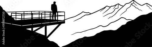 Mountain landscape silhouette, man on platform, scenic view, black and white vector