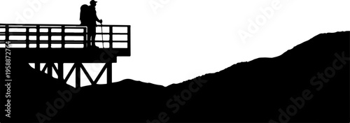 Silhouette, observation deck, mountain landscape, black and white, vector illustration