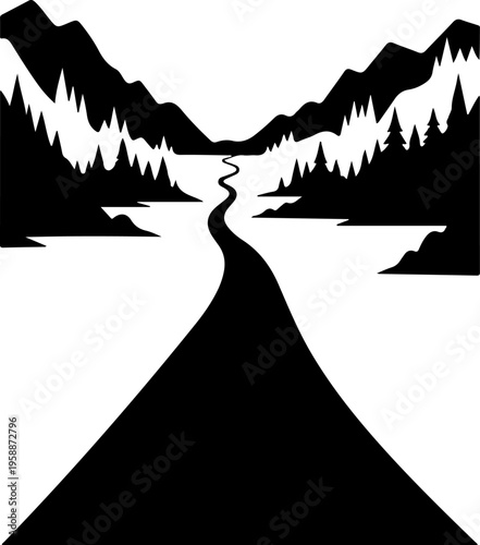 Black silhouette landscape, mountain range, forest, and winding road vector